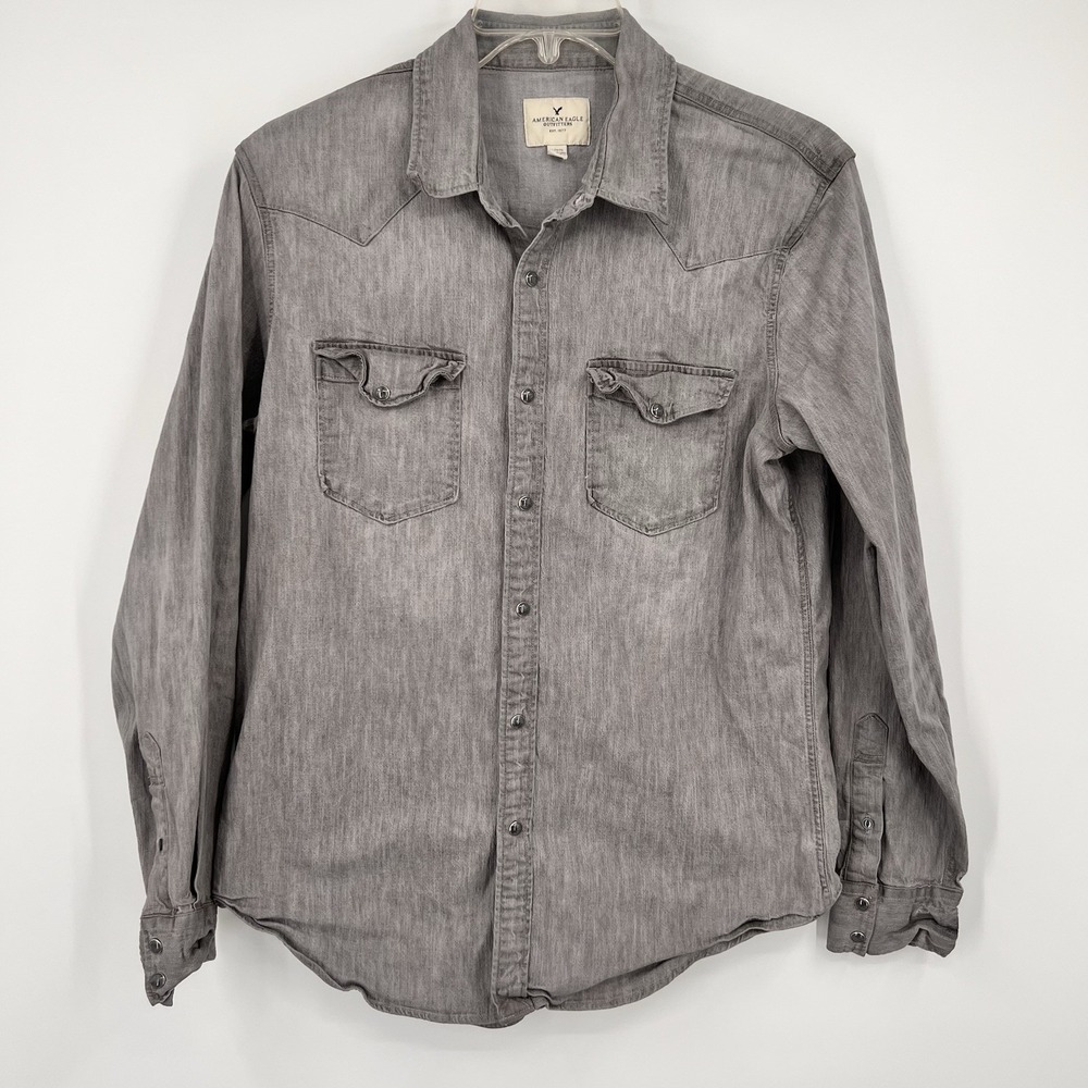 American Eagle Outfitters Shirt Mens Large Gray Long Sleeve Snap Front Western